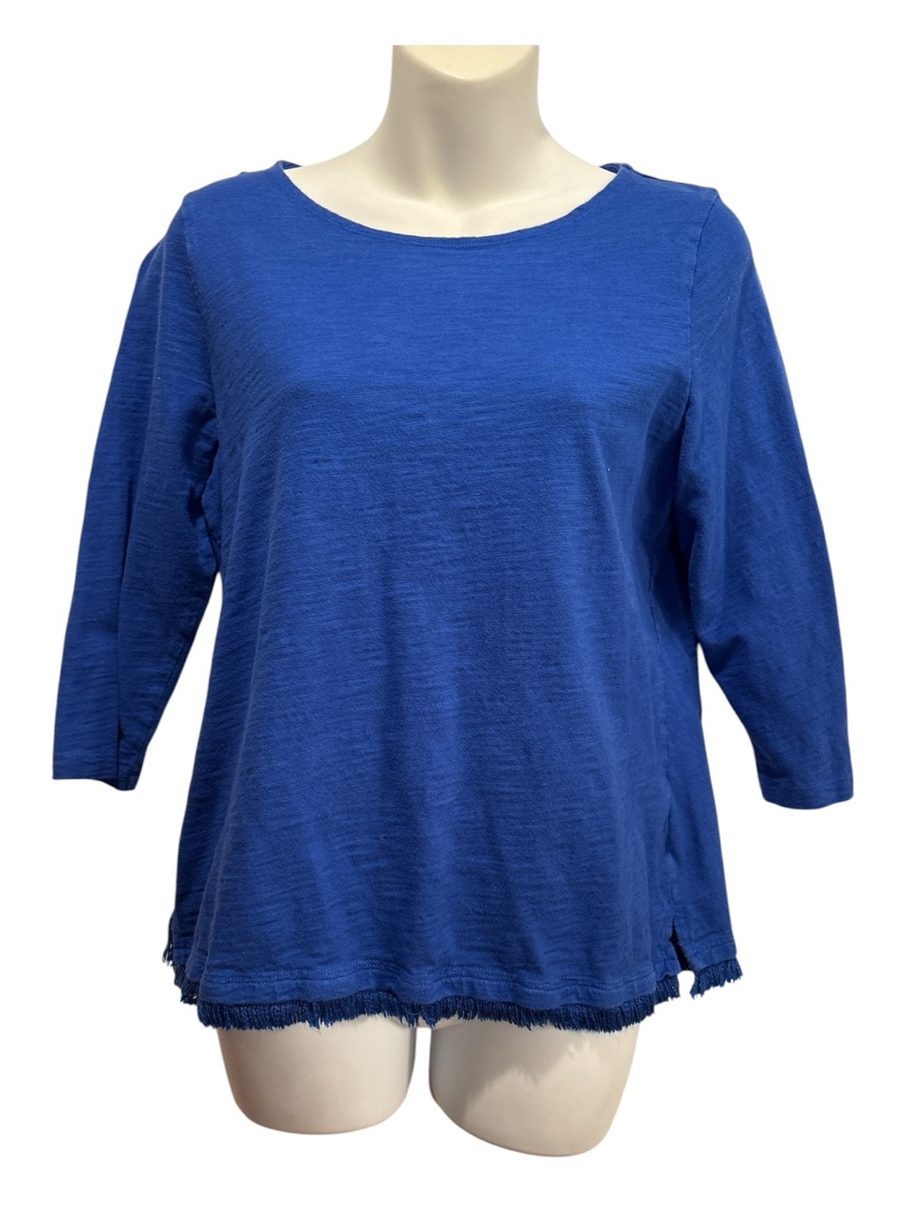 Talbots Cobalt Blue 3/4 Sleeve Round-Neck Top with Fringed Hem size MP
